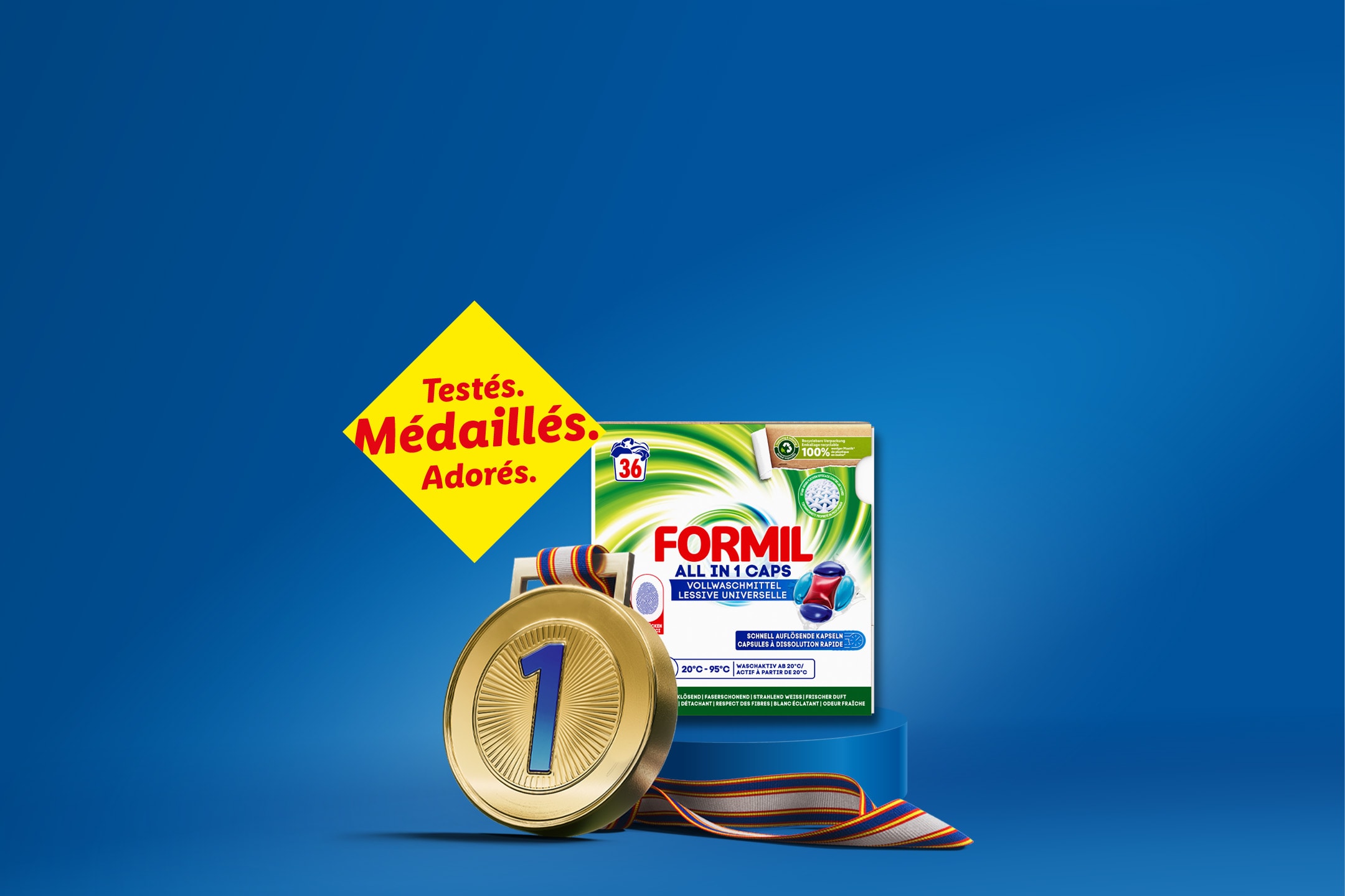 Capsules de lessive Formil All in 1 sur un podium avec une médaille d'or.