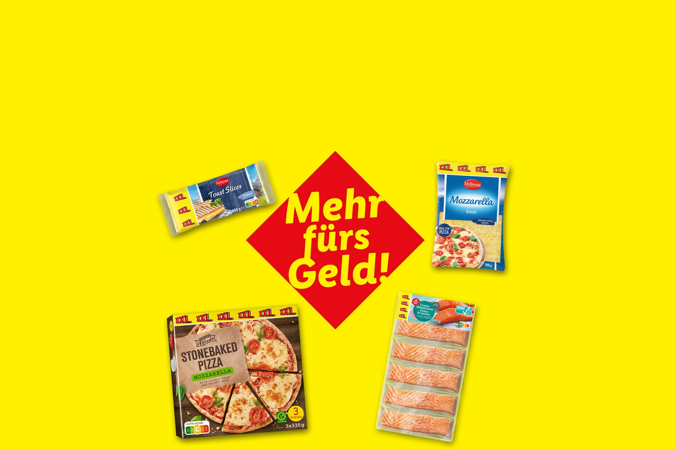 Käse, Pizza und Lachsfilets mit dem Text „Mehr fürs Geld!“ auf gelbem Hintergrund.