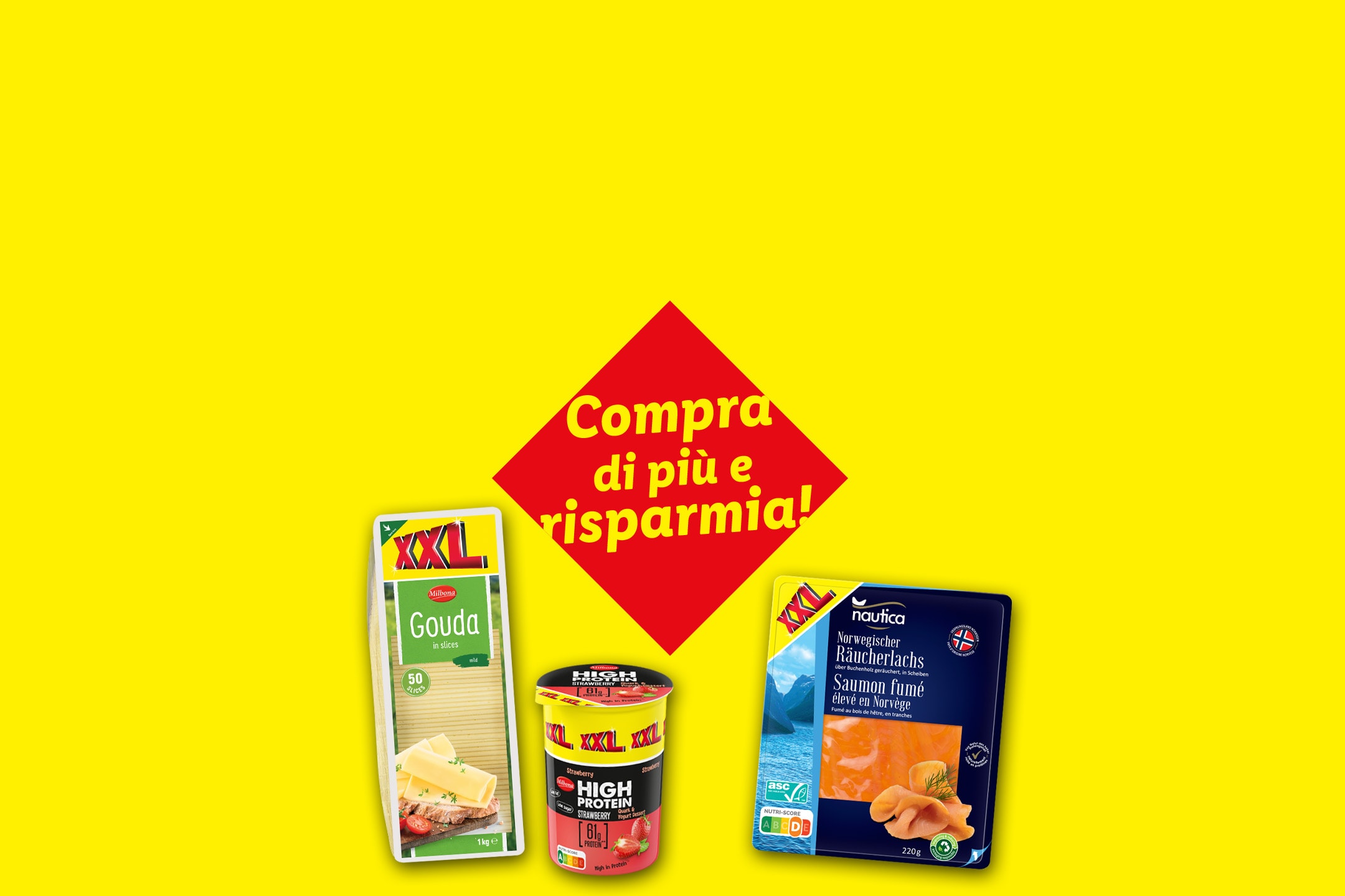 Formaggio, yogurt e salmone con lo slogan 'Compra di più e risparmia!' su sfondo giallo.
