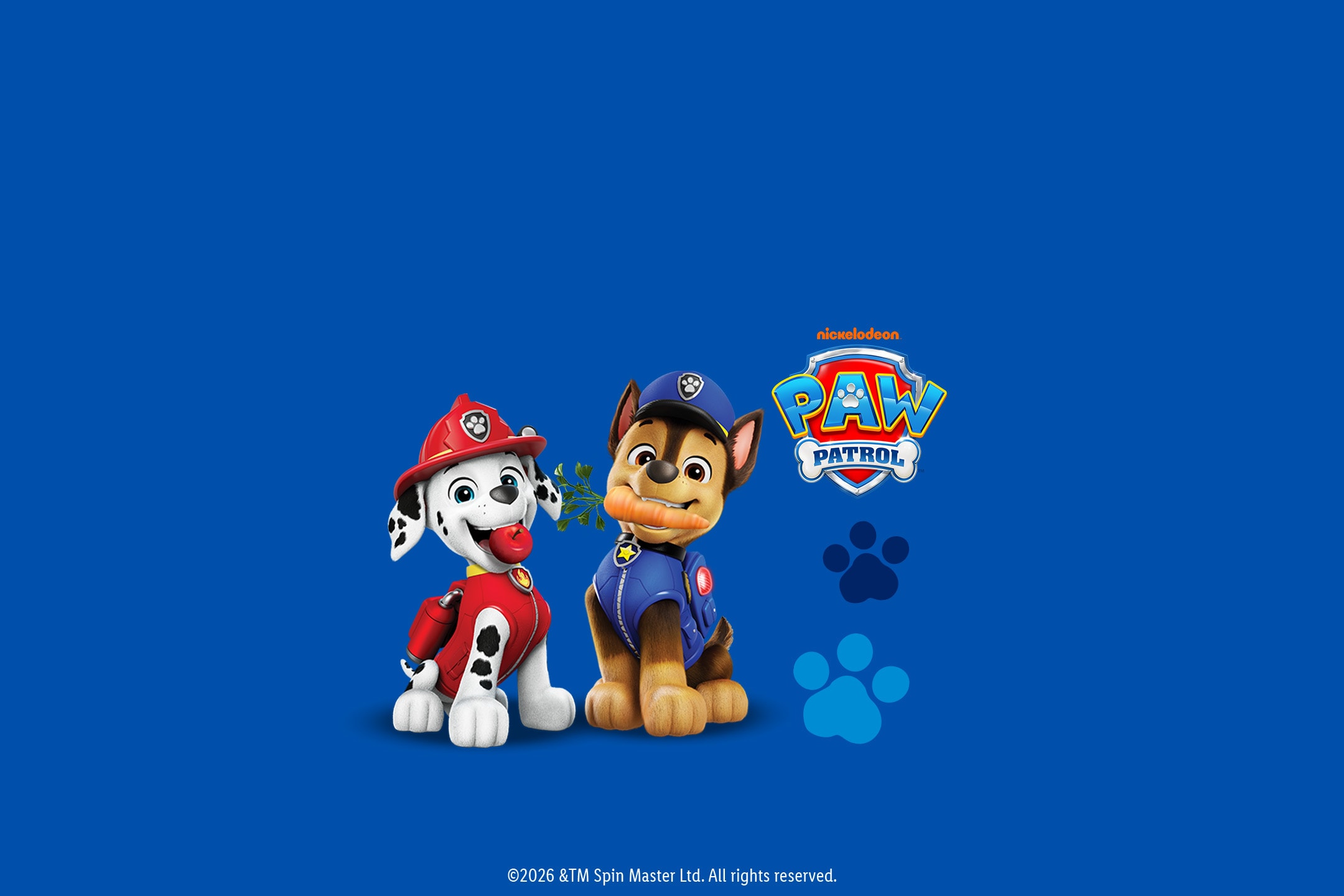 Marshall e Chase di Paw Patrol su sfondo blu con logo e impronte di zampe.