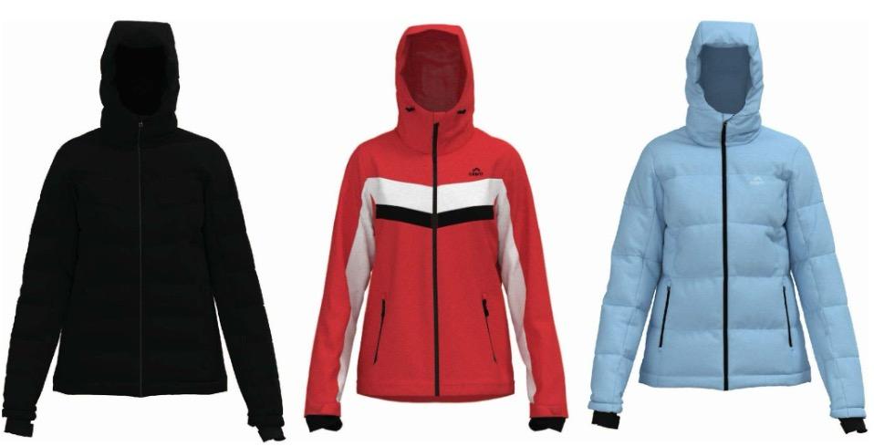 Drei Damen-Winterjacken mit Kapuze in Schwarz, Rot und Hellblau.