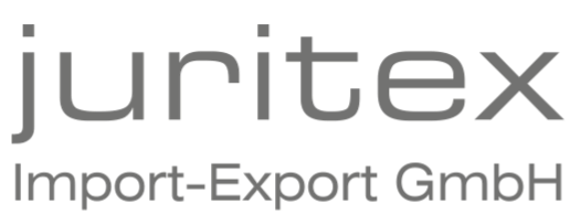 Firmenlogo mit dem Schriftzug „juritex Import-Export GmbH“ in Grau auf schwarzem Hintergrund.