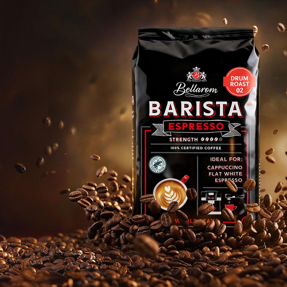 Barista Espresso Kaffeepackung mit Kaffeebohnen und einer Kaffeetasse.