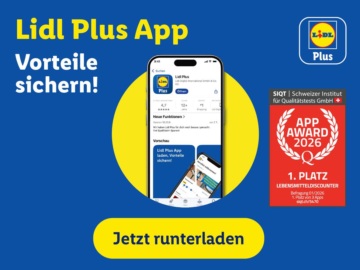 Mobile App-Anzeige mit dem Titel „Lidl Plus App“ und dem Text „Vorteile sichern!“.