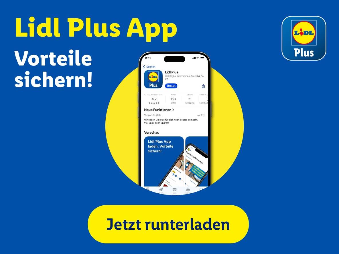 Lidl Plus App mit einem Telefon, das die App anzeigt, und dem Text 'Jetzt runterladen'.