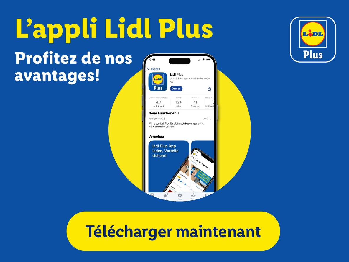 L'application Lidl Plus offre des avantages, avec une capture d'écran de l'application et un appel au téléchargement.