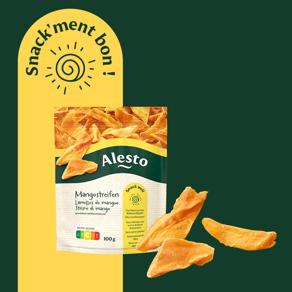 Sachet de mangues séchées avec la mention 'Snack'ment bon !' et des morceaux de mangue.