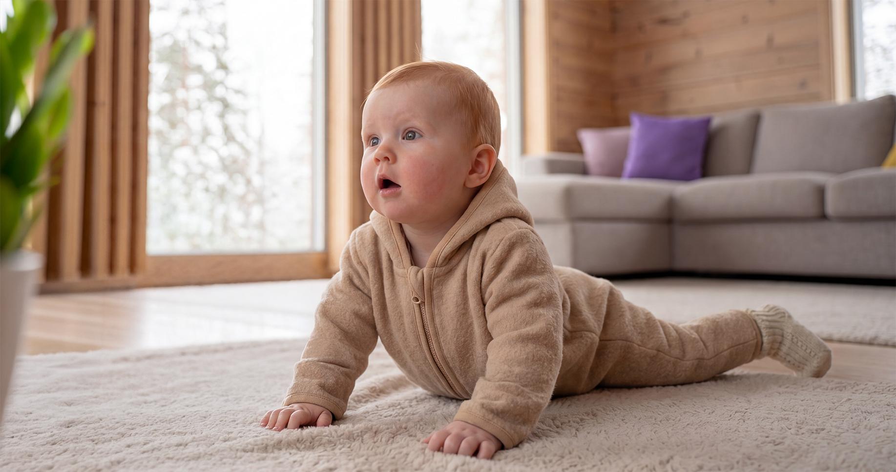 Baby im beige Plüsch-Overall liegt zu Hause auf dem Bauch auf dem Teppich.