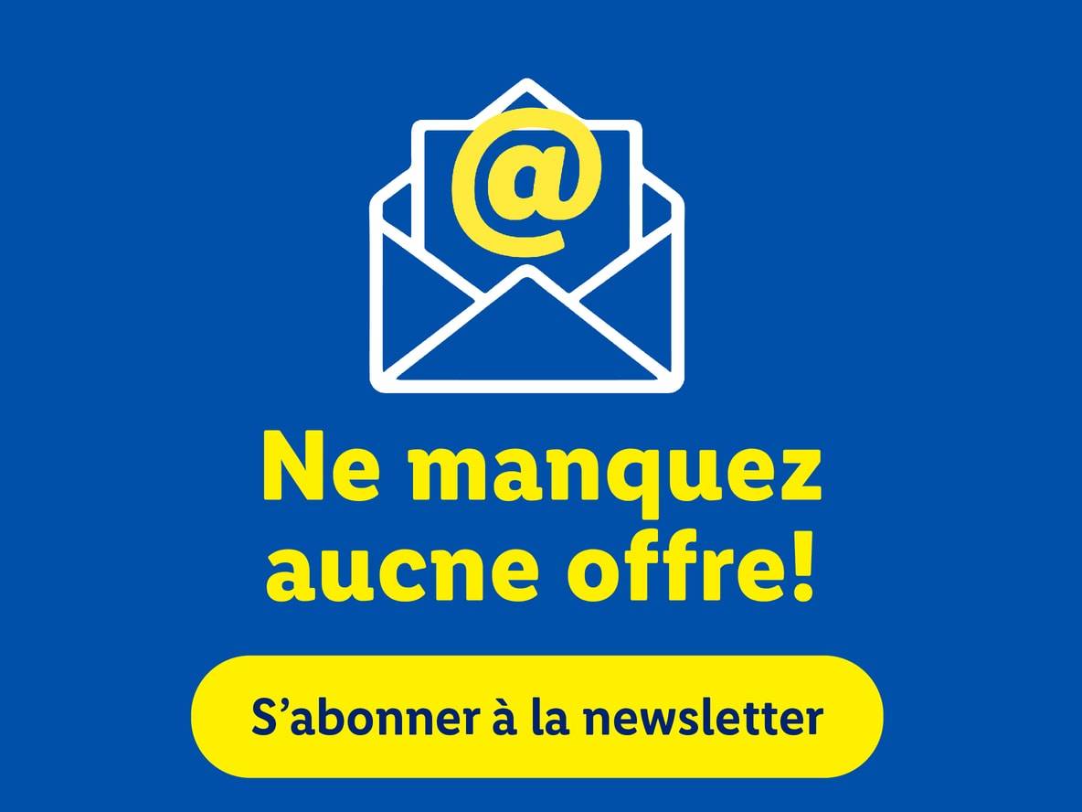 Icône d'e-mail avec un arobase et le texte 'Ne manquez aucune offre! S'abonner à la newsletter'.