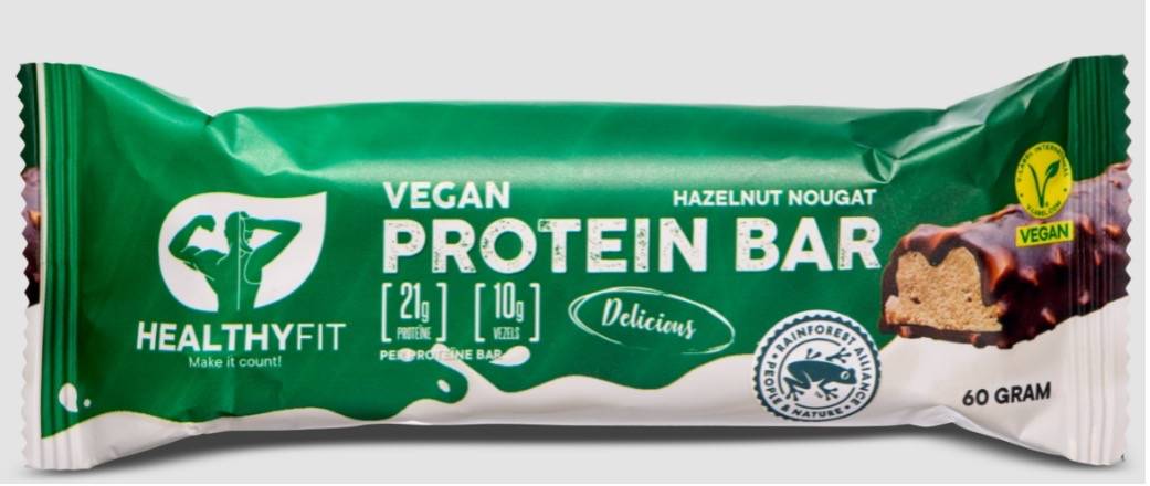 Barre protéinée végétalienne Healthyfit noisette nougat avec 21g de protéines et 10g de fibres.