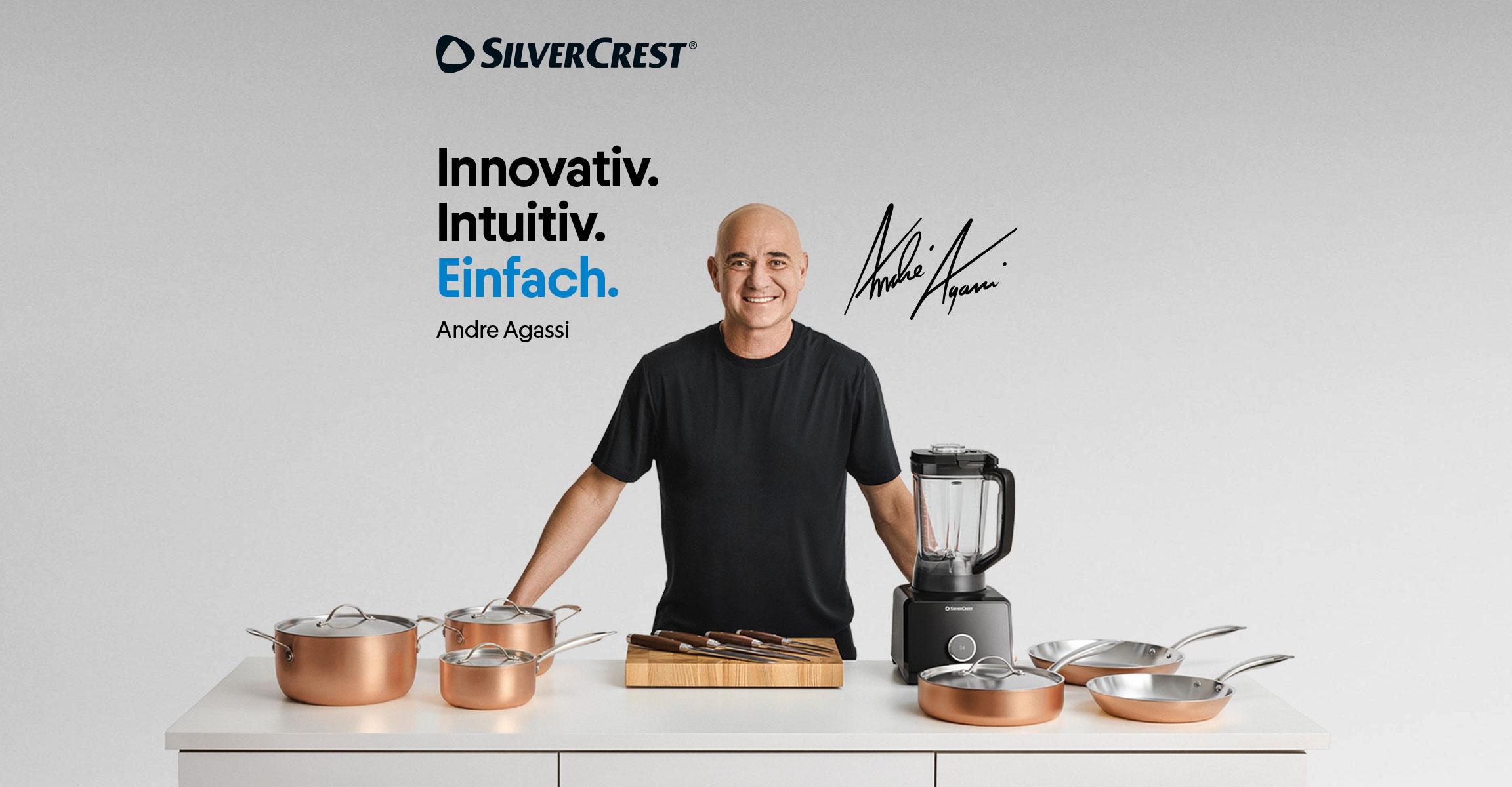 Andre Agassi mit Kochgeschirr und Mixer. Innovativ. Intuitiv. Einfach.