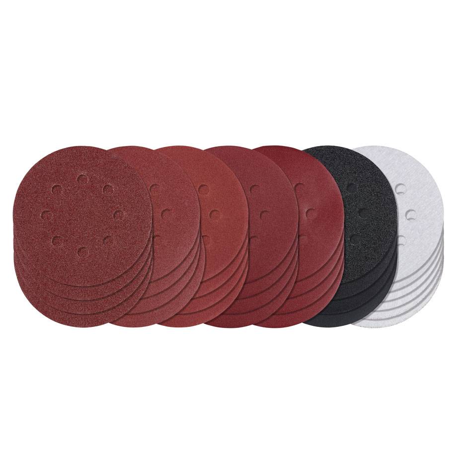 Assortiment de disques de ponçage ronds de différents grains et couleurs, y compris rouge, noir et blanc.