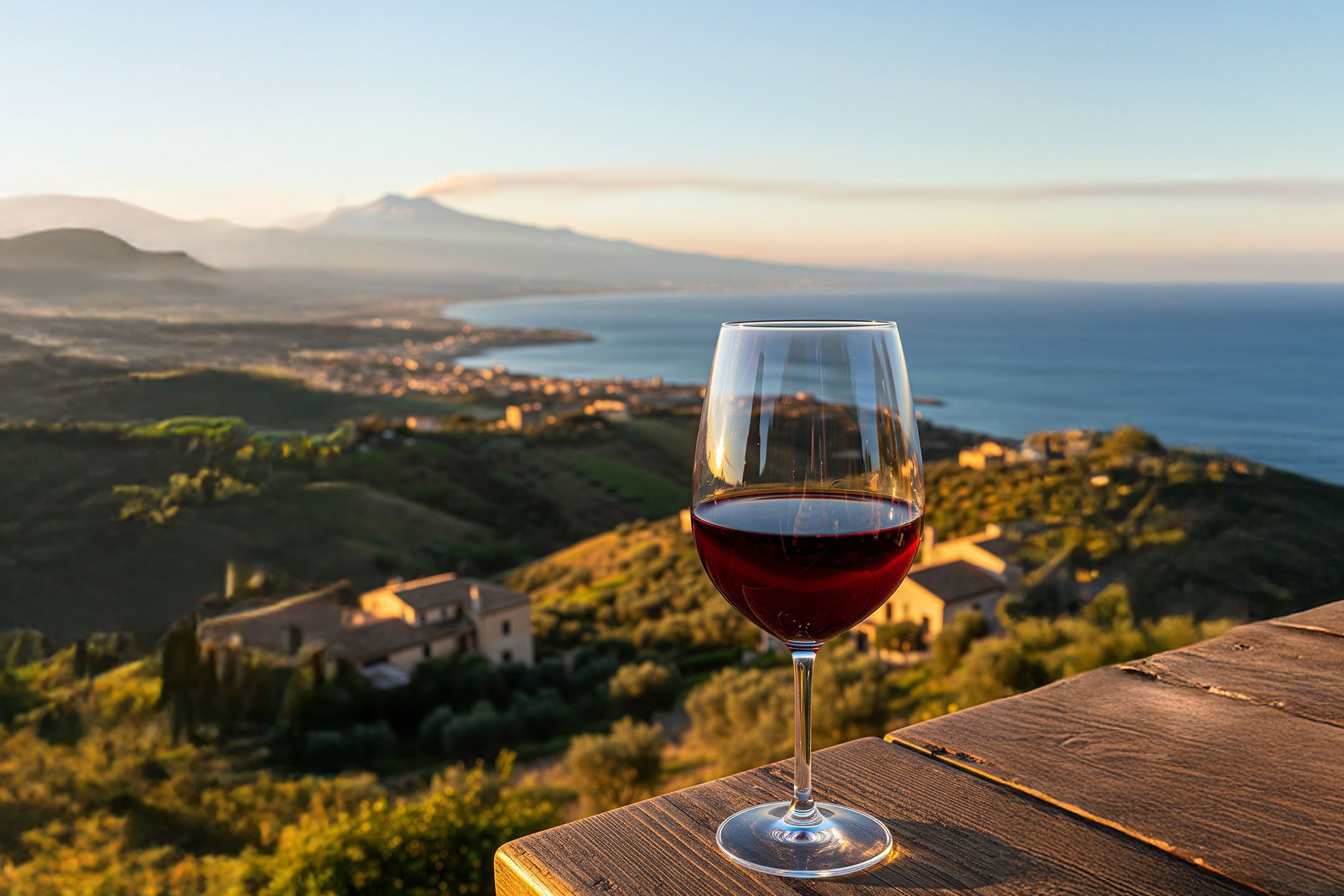 Verre de vin rouge sur une terrasse en bois avec vue sur la mer et les montagnes au coucher du soleil.