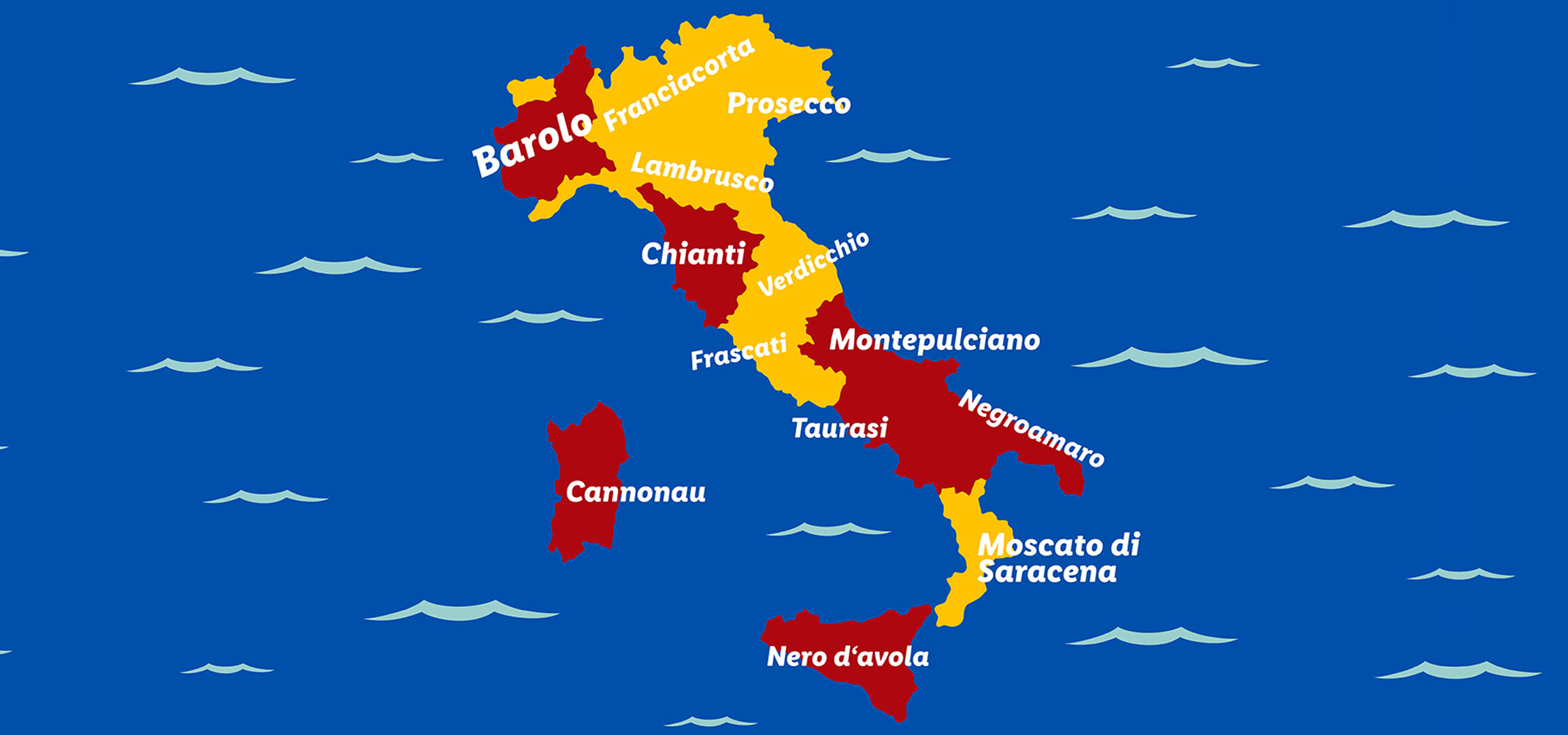 Carte des régions viticoles italiennes avec Barolo, Prosecco, Chianti et Nero d'Avola.