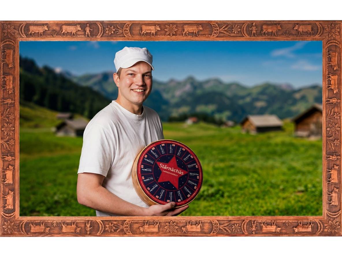 Un uomo sorridente tiene una forma di formaggio in un paesaggio montano con baite in legno.