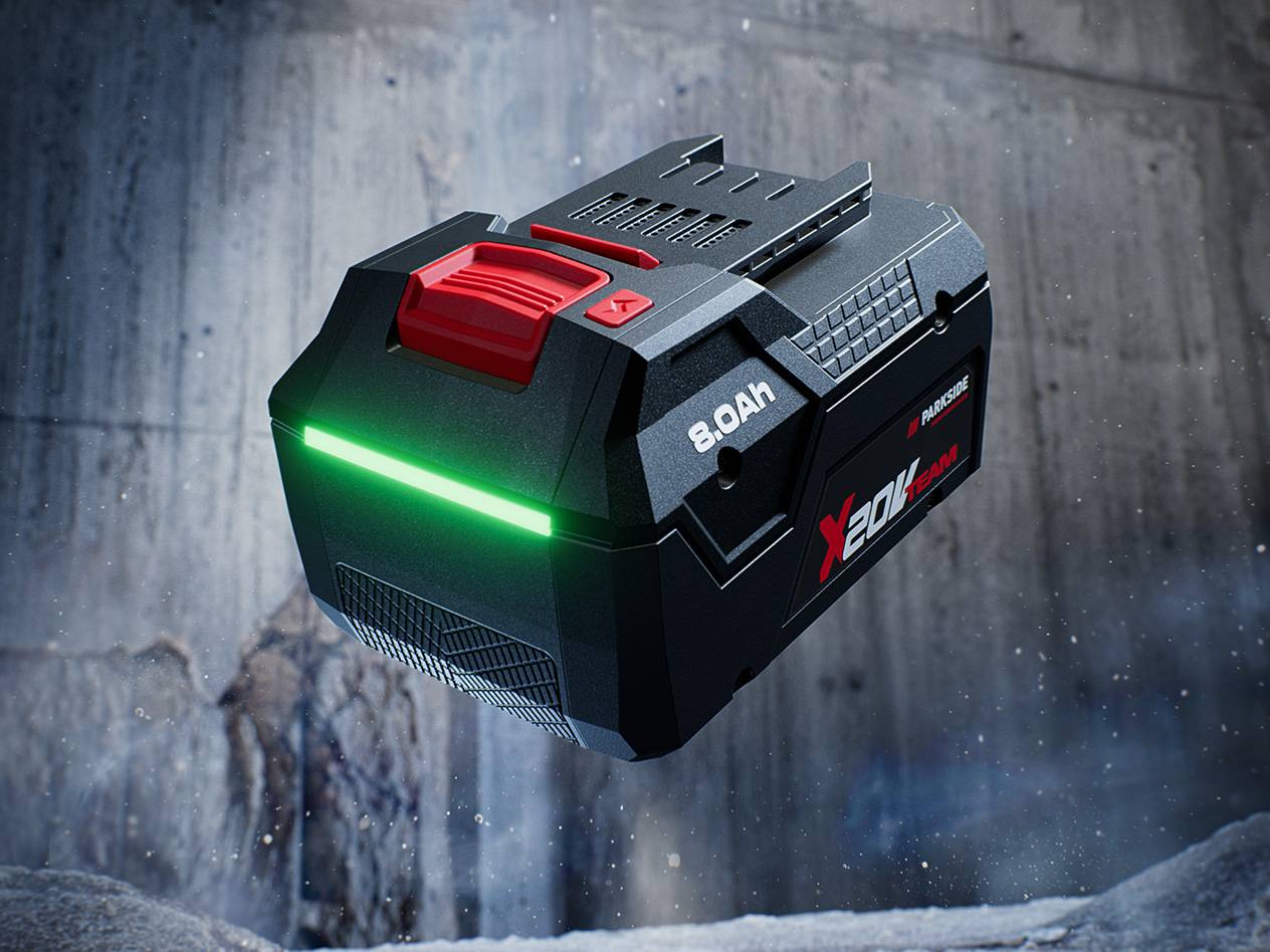 Batteria Parkside X 20V Team 8.0Ah con indicatore di carica verde brillante.