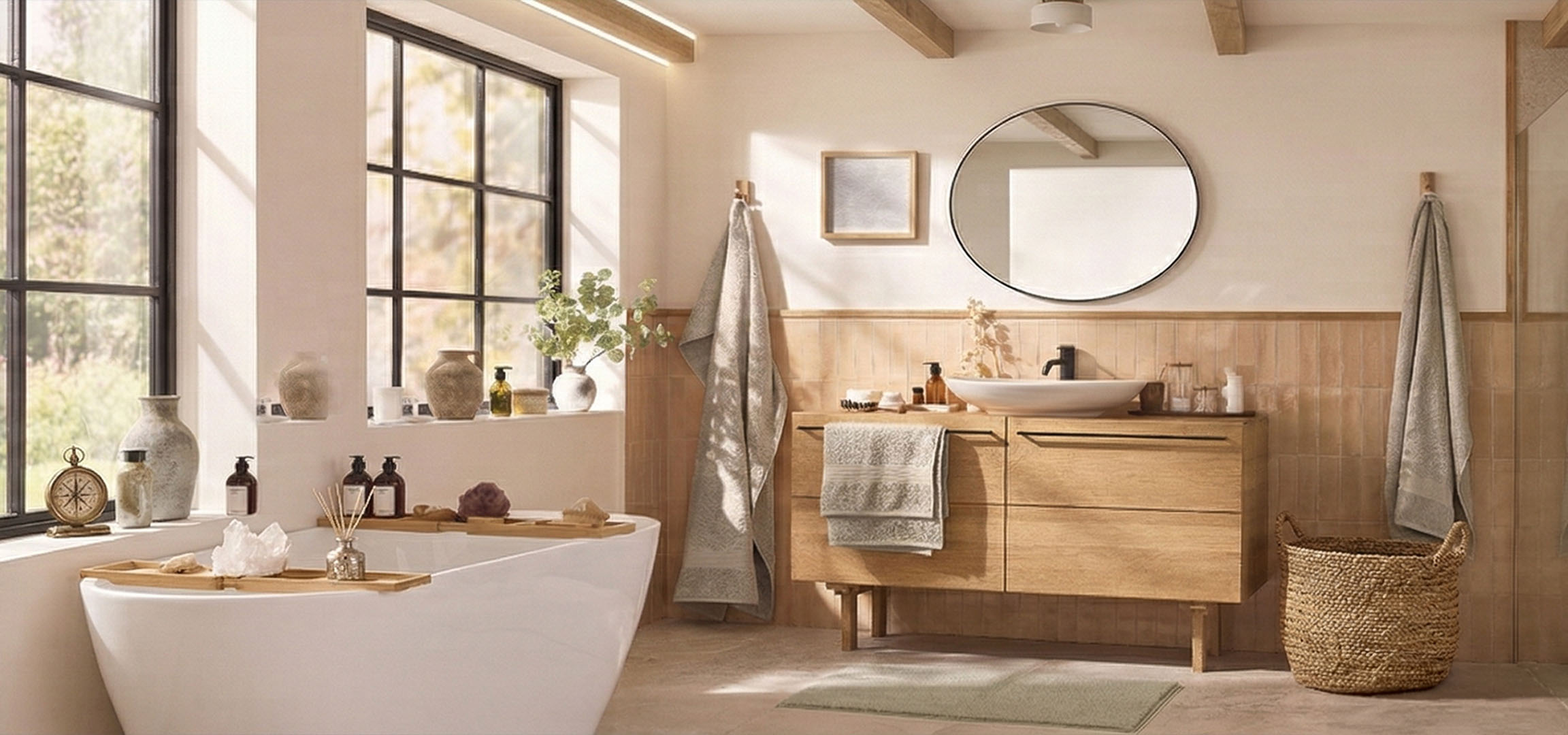 Salle de bain lumineuse avec baignoire, douche, meubles en bois et décor naturel.
