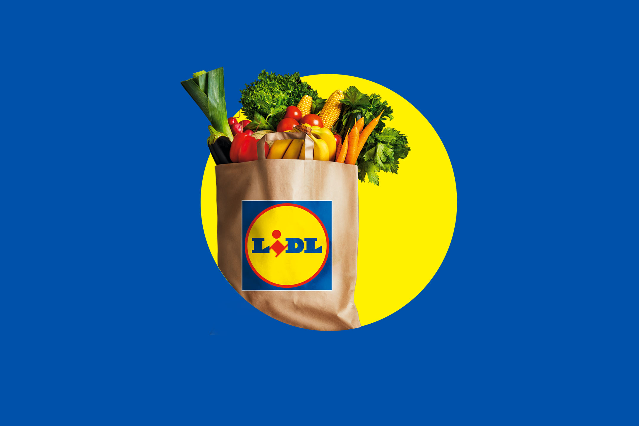 Papiertüte gefüllt mit frischem Gemüse, darunter Lauch, Aubergine, Mais, Tomaten und Karotten, auf blauem Hintergrund mit gelbem Kreis.