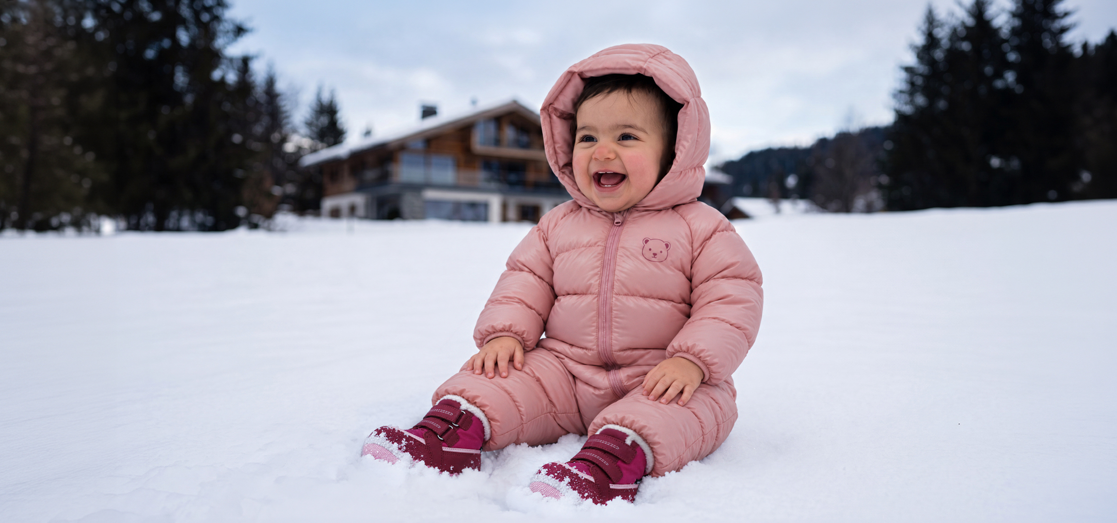 AI-generiert: Lächelndes Kleinkind im rosa Schneeanzug, das im Schnee sitzt.