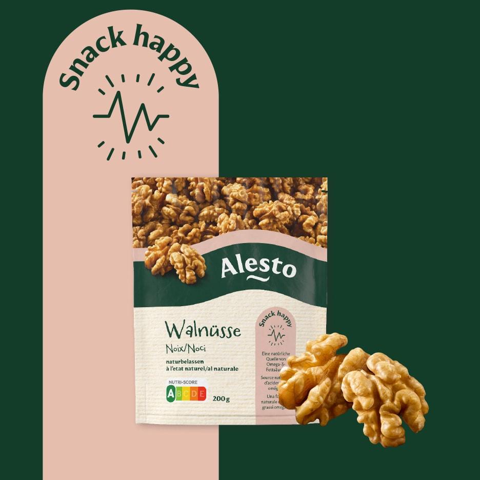 Paquet de noix naturelles avec Nutri-Score A, 200g, sur fond vert et rose.