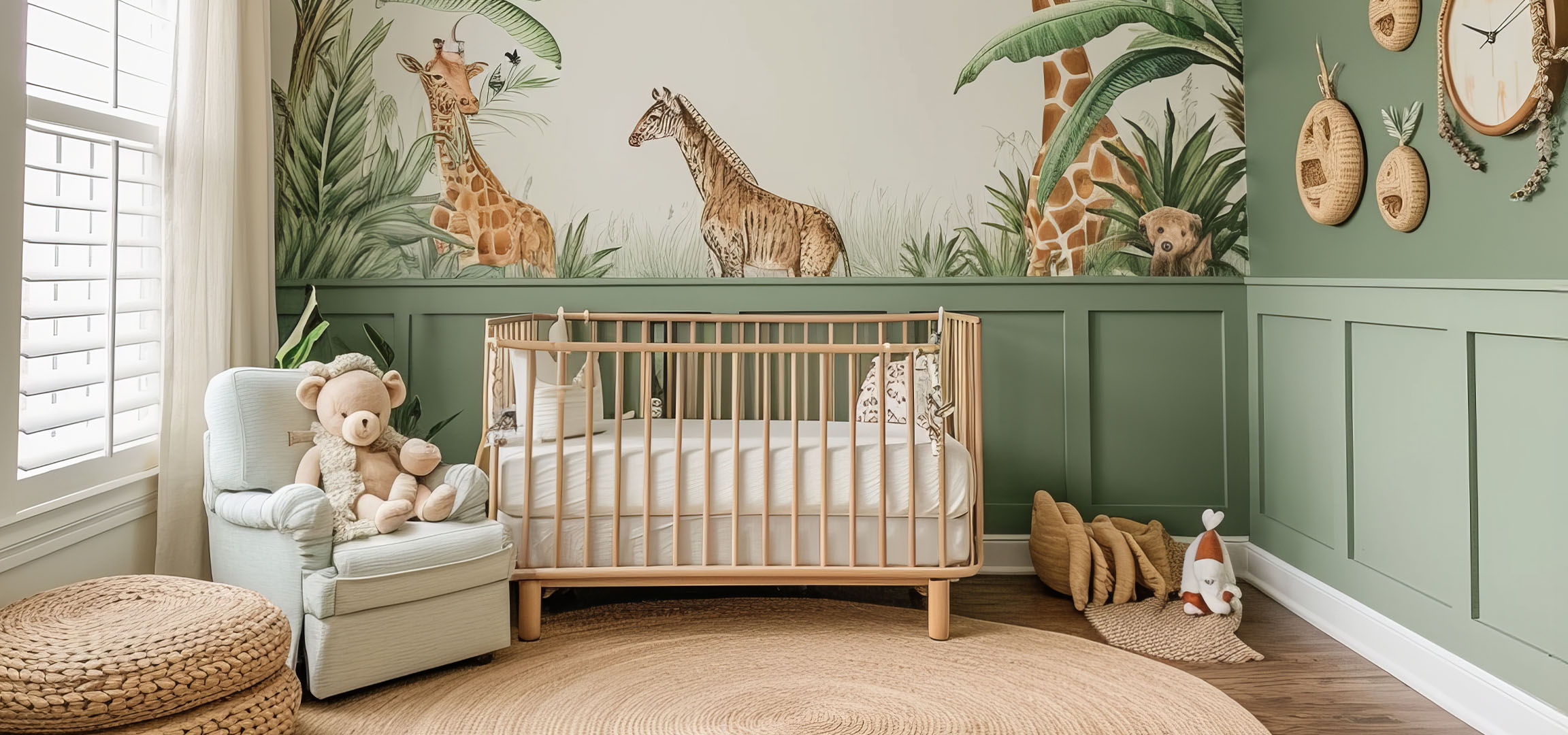 Chambre de bébé avec murs verts, lit en bois, fauteuil et tapis rond.