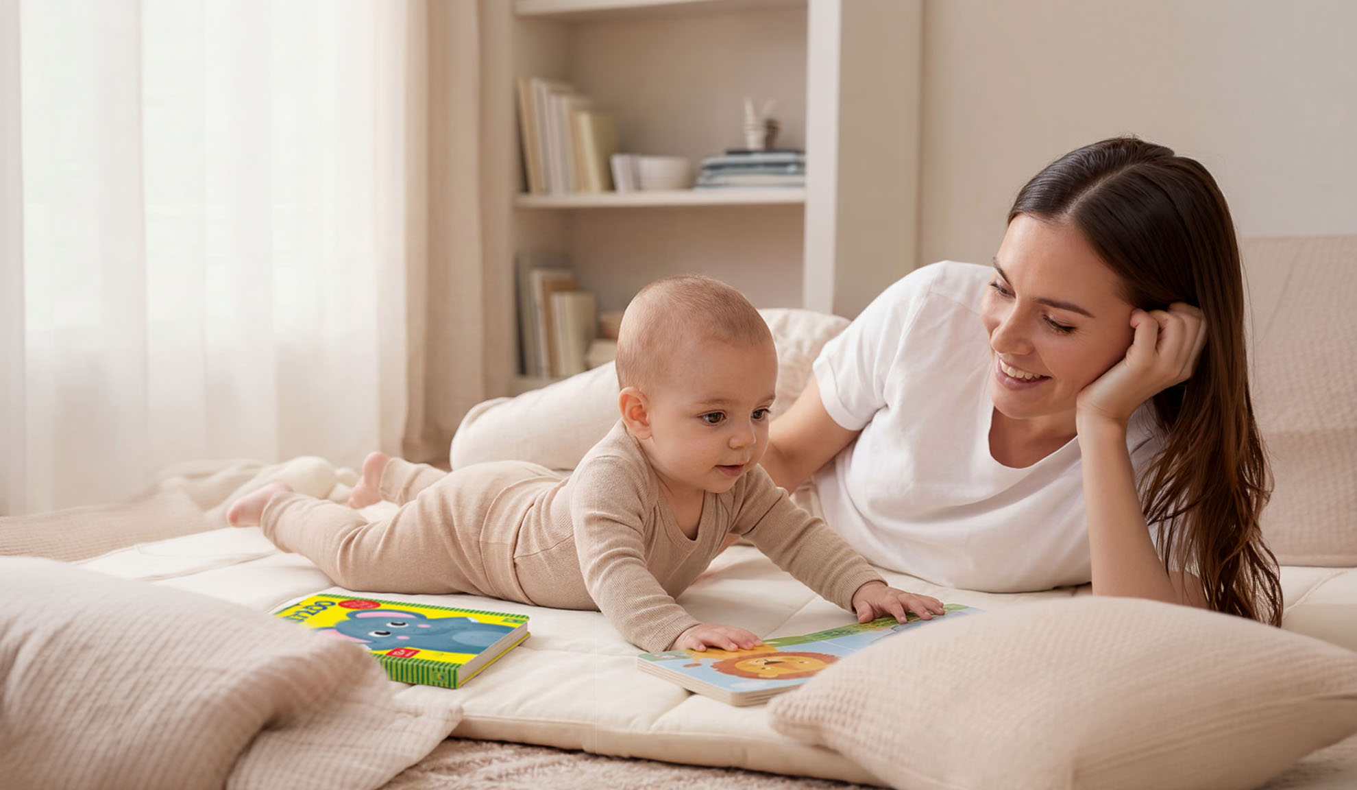 Mutter und Baby liegen auf dem Boden und lesen Bücher mit Tierbildern.