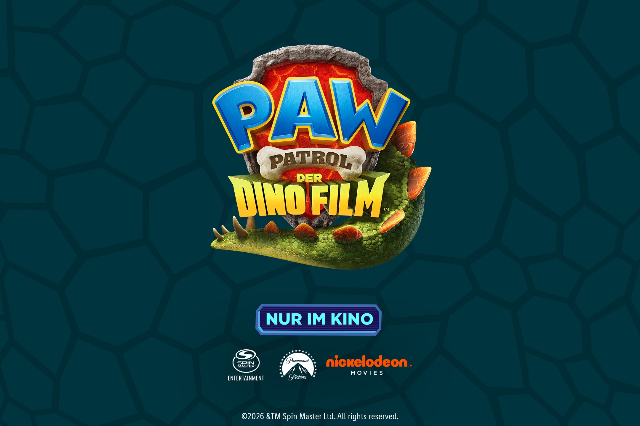 Logo für einen Dino-Film mit dem Titel 'PAW Patrol Der Dino Film' und dem Hinweis 'NUR IM KINO'.