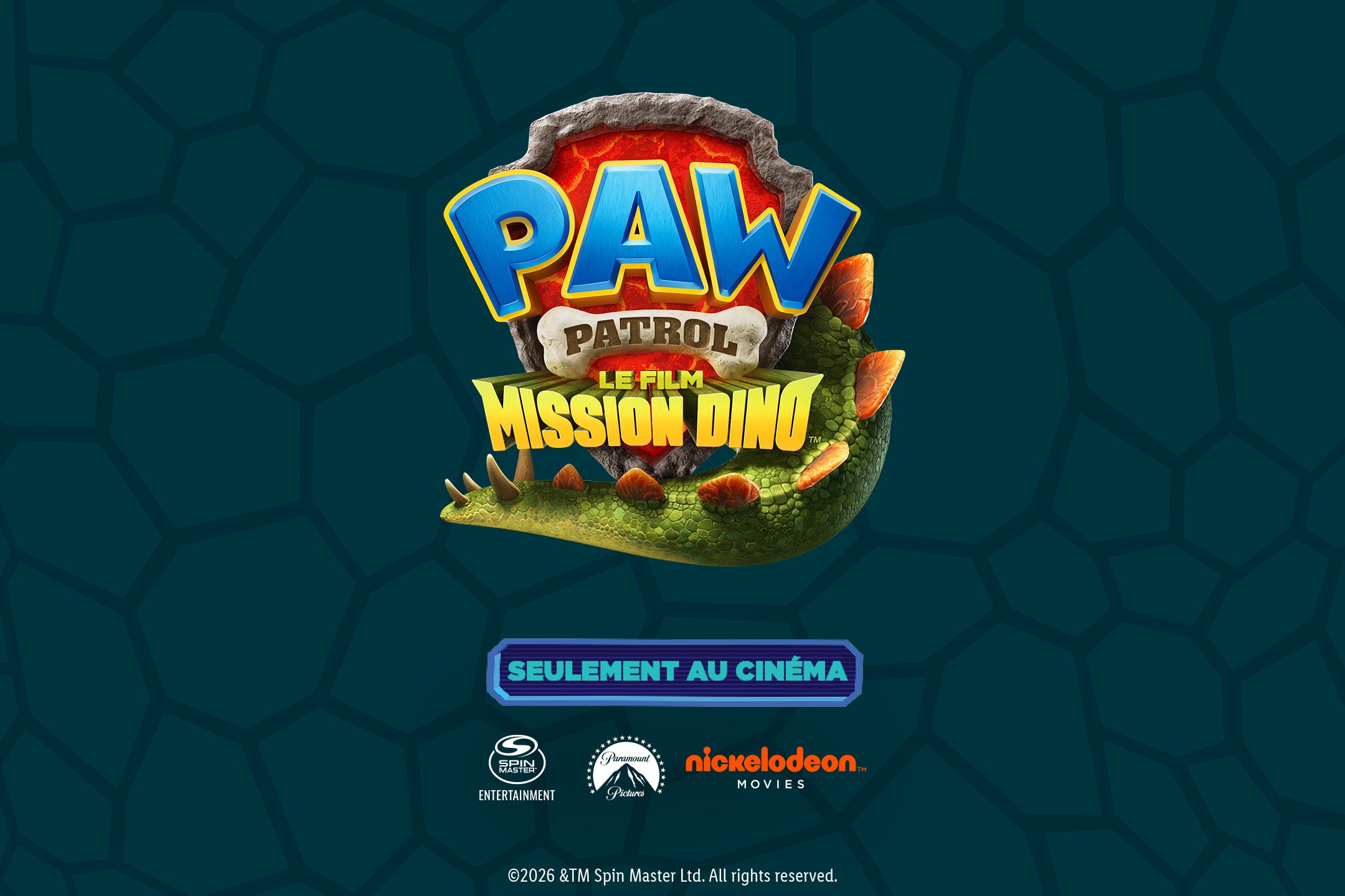 Logo du film d'animation Pat' Patrouille : Mission Dino, avec un dinosaure et le texte « SEULEMENT AU CINÉMA ».
