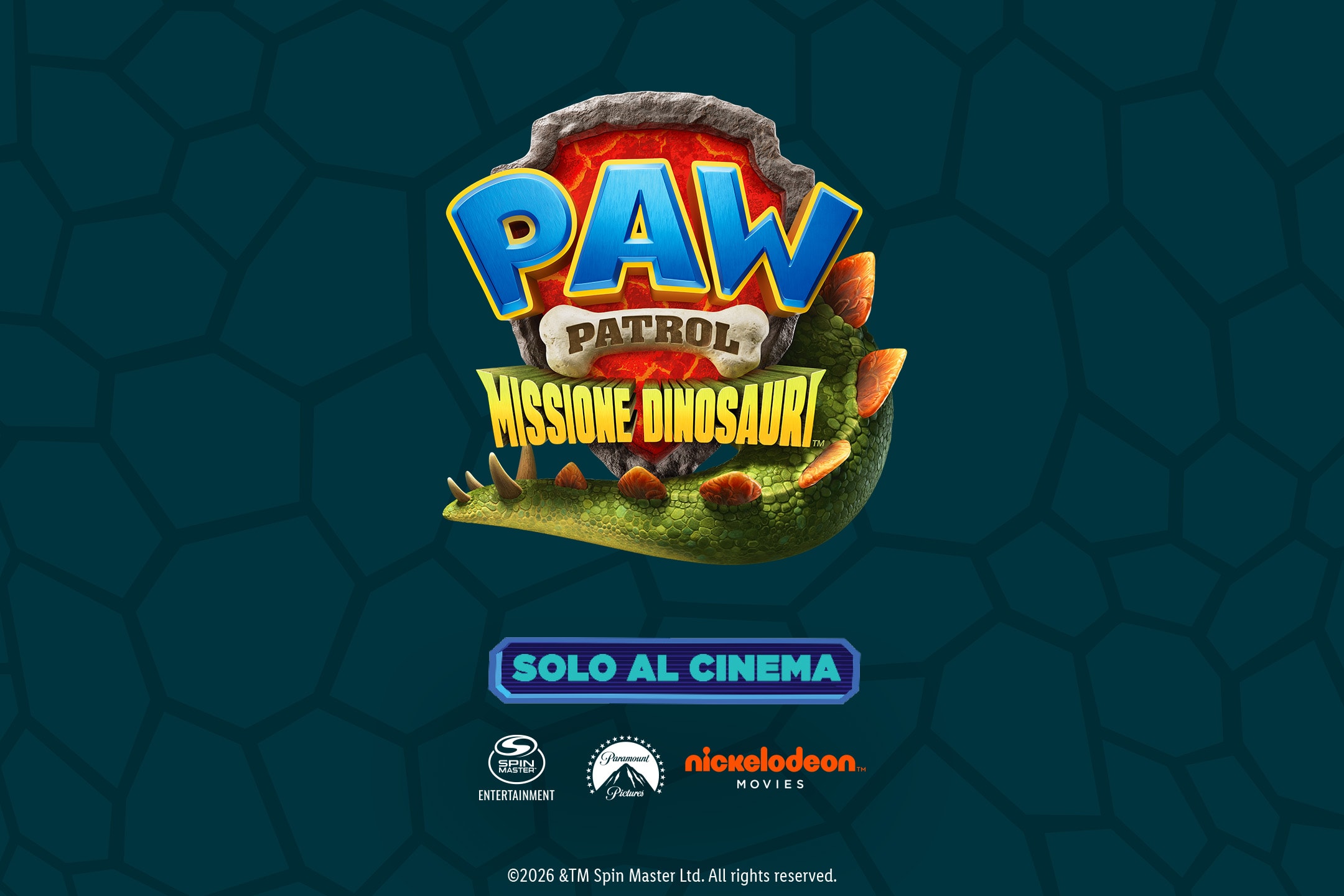 Logo del film d'animazione Paw Patrol: Missione Dinosauri, con un dinosauro verde.