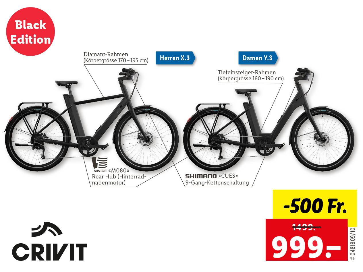Crivit E-Bikes, Herren- und Damenmodell, reduziert auf 999.-