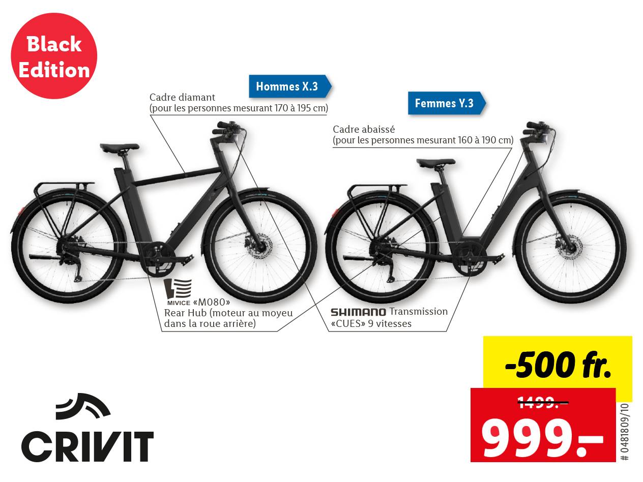 VTT électriques Crivit (Hommes X.3 & Femmes Y.3) en édition noire, soldés à 999€.