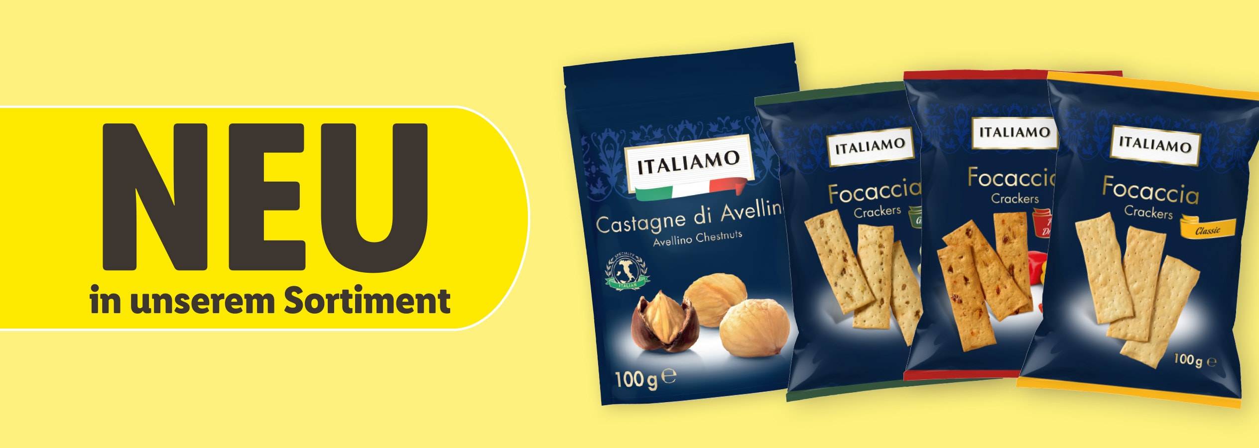 Neue Italiamo Produkte: Avellino Kastanien und Focaccia Cracker.