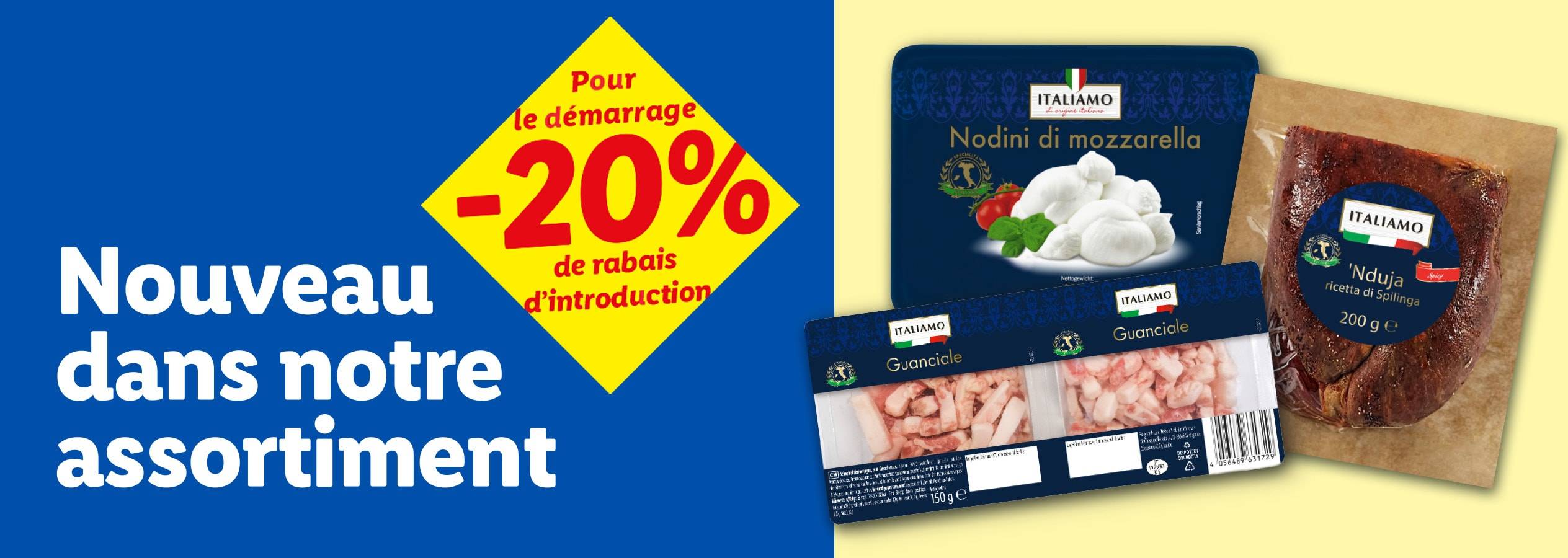 Publicité de produits italiens avec mozzarella, guanciale et 'nduja, avec une réduction de 20%.