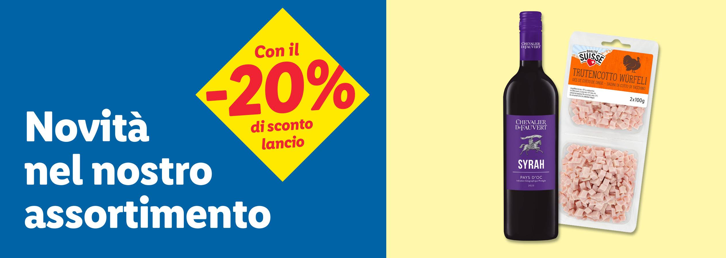 Vino Syrah e dadini di tacchino in offerta, novità nell'assortimento.