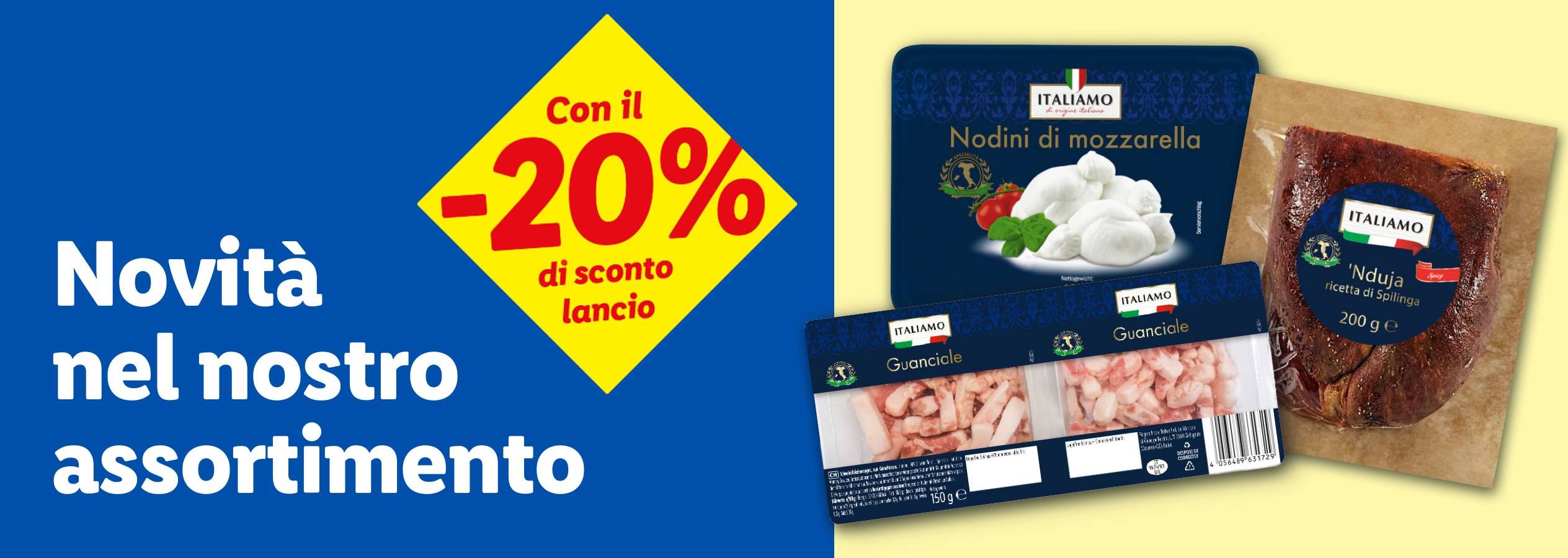 Nuovi prodotti italiani con sconto del 20% su mozzarella, guanciale e 'nduja.
