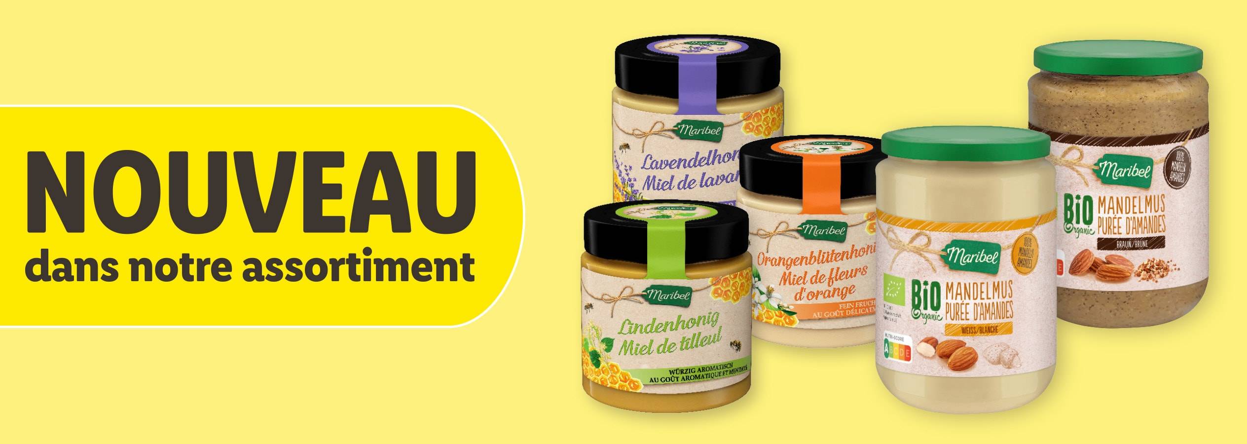 Nouveaux produits Maribel : miels et purées d'amandes bio.