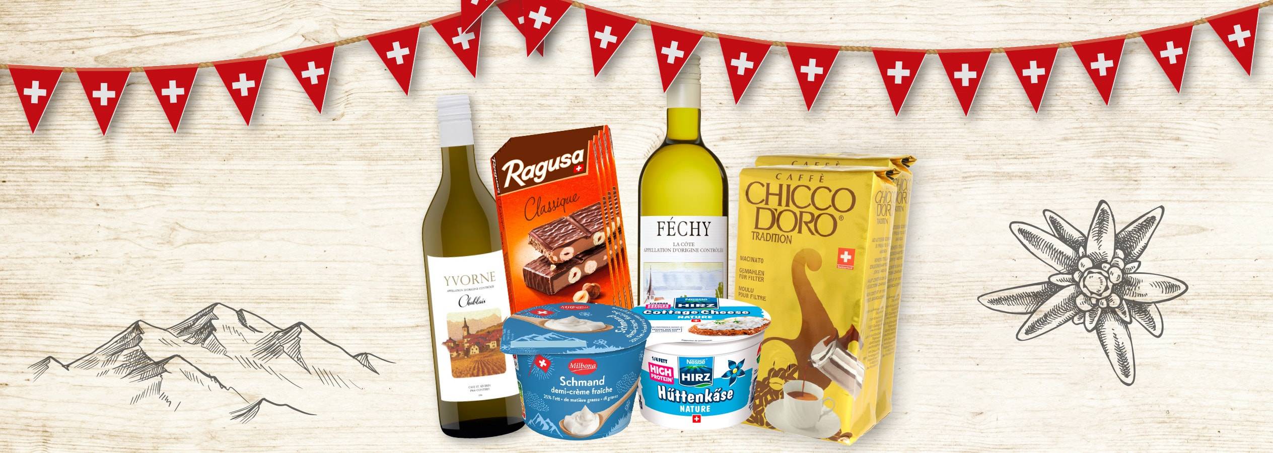 Varietà di prodotti svizzeri: vino, cioccolato Ragusa, formaggio e caffè Chicco d'Oro.