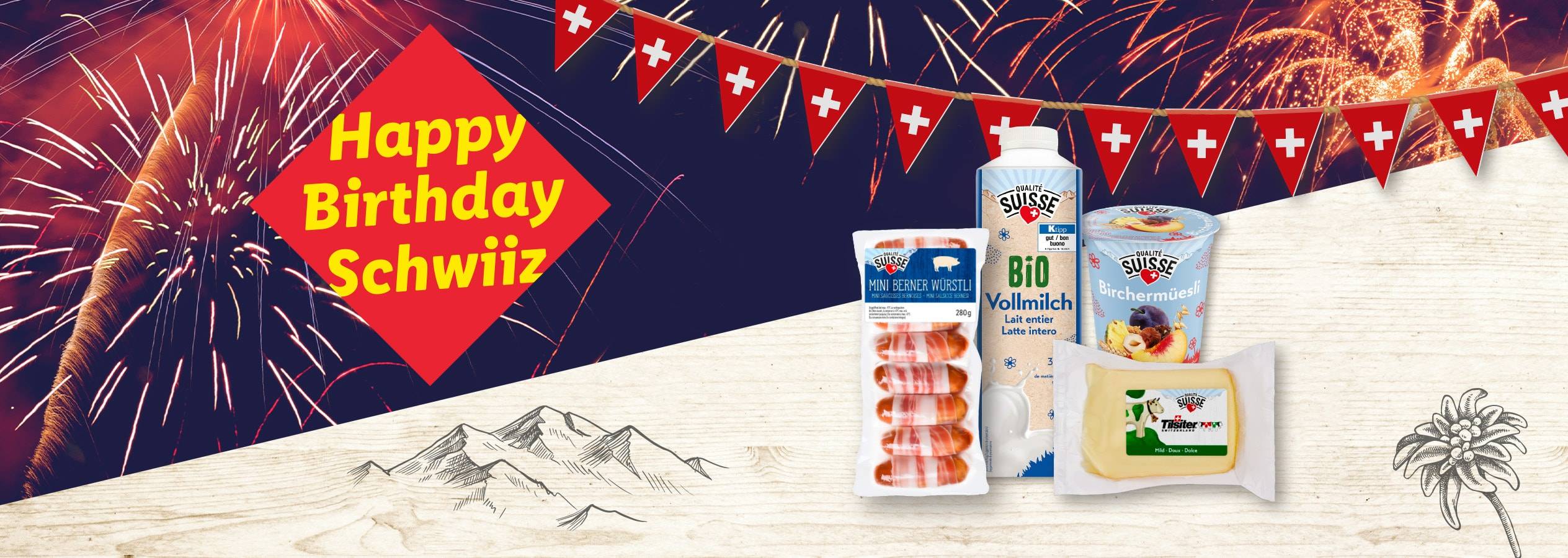 Happy Birthday Schweiz!  Wurst, Bio-Vollmilch und Qualité Suisse Käse.