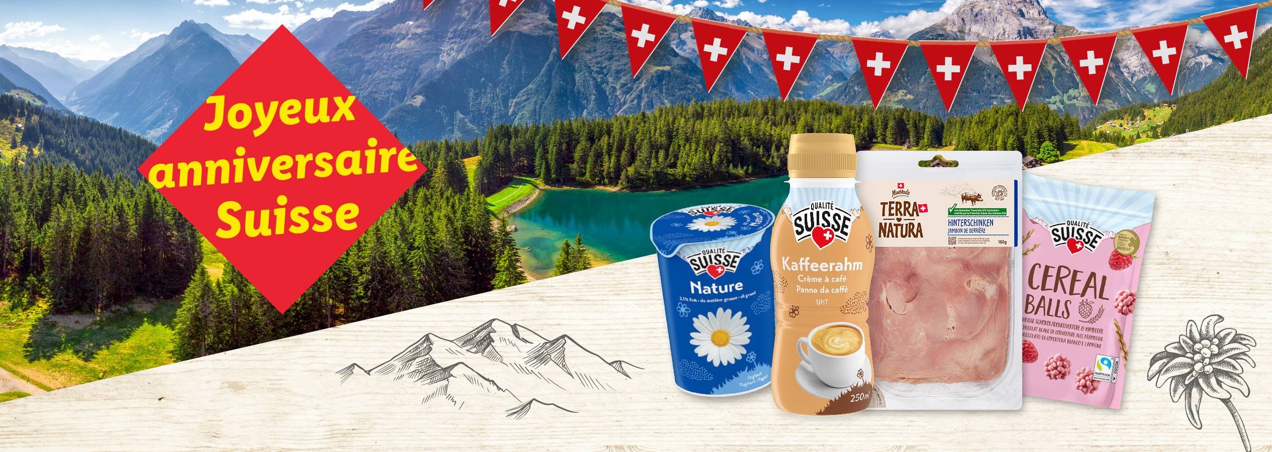 Produits suisses Qualité Suisse : yaourt, crème à café, jambon et céréales, sur fond de paysages montagneux.