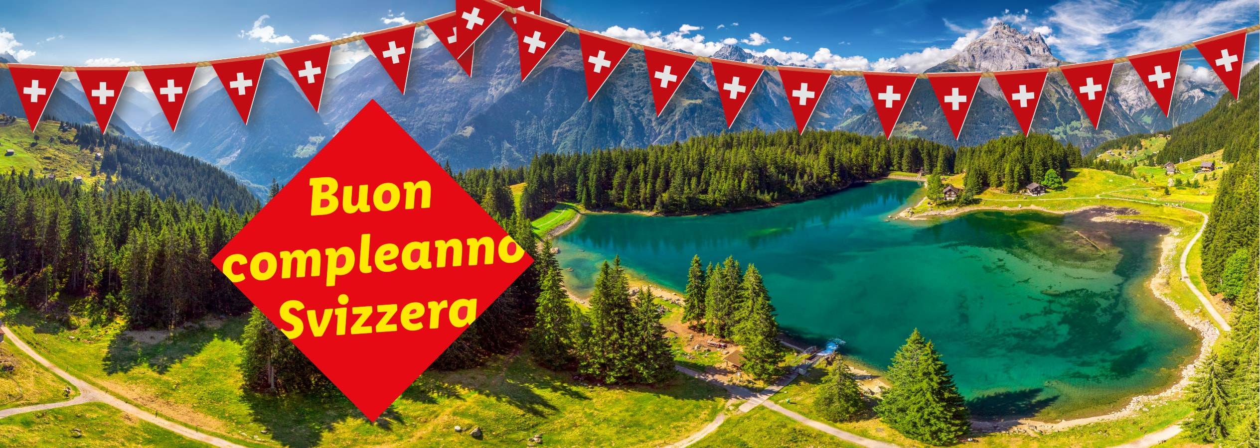 Buon compleanno Svizzera! Paesaggio montano con bandiere svizzere.