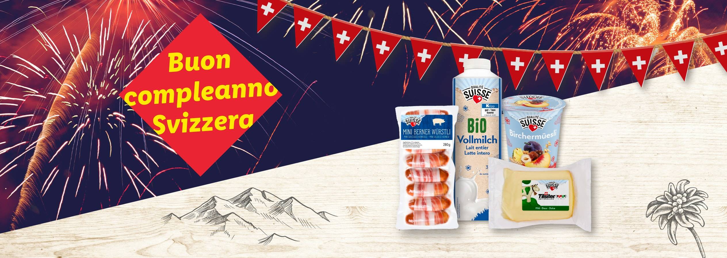 Prodotti svizzeri come latte, yogurt, salsicce e formaggio sono mostrati su uno sfondo di fuochi d'artificio.