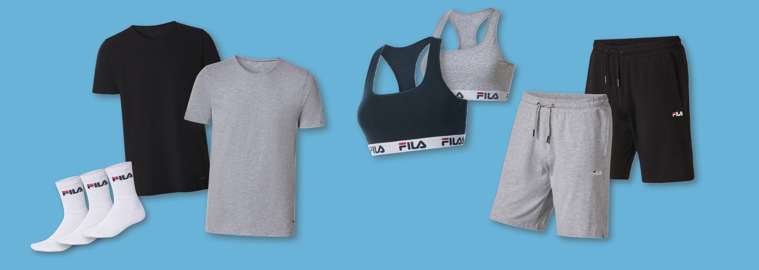 Fila Sportbekleidung: T-Shirts, Shorts, Sport-BHs und Socken.