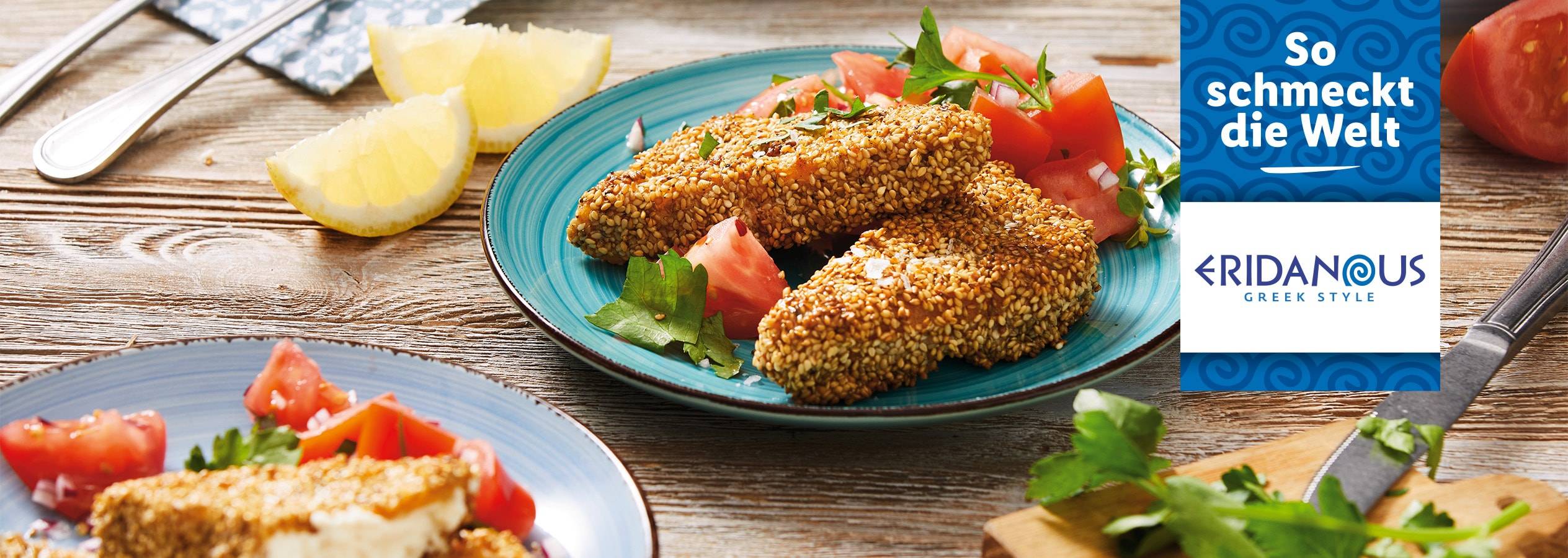 Ridanous Greek Style: Sesam-Fischfilets mit Tomatensalat.