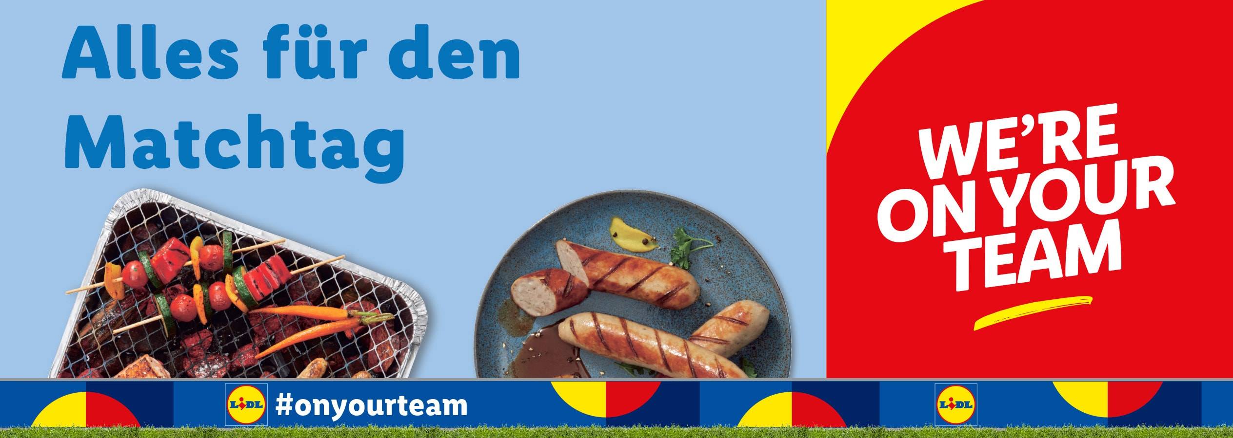 Lidl bietet Grillspieße und Würstchen für den Matchtag an: #onyourteam