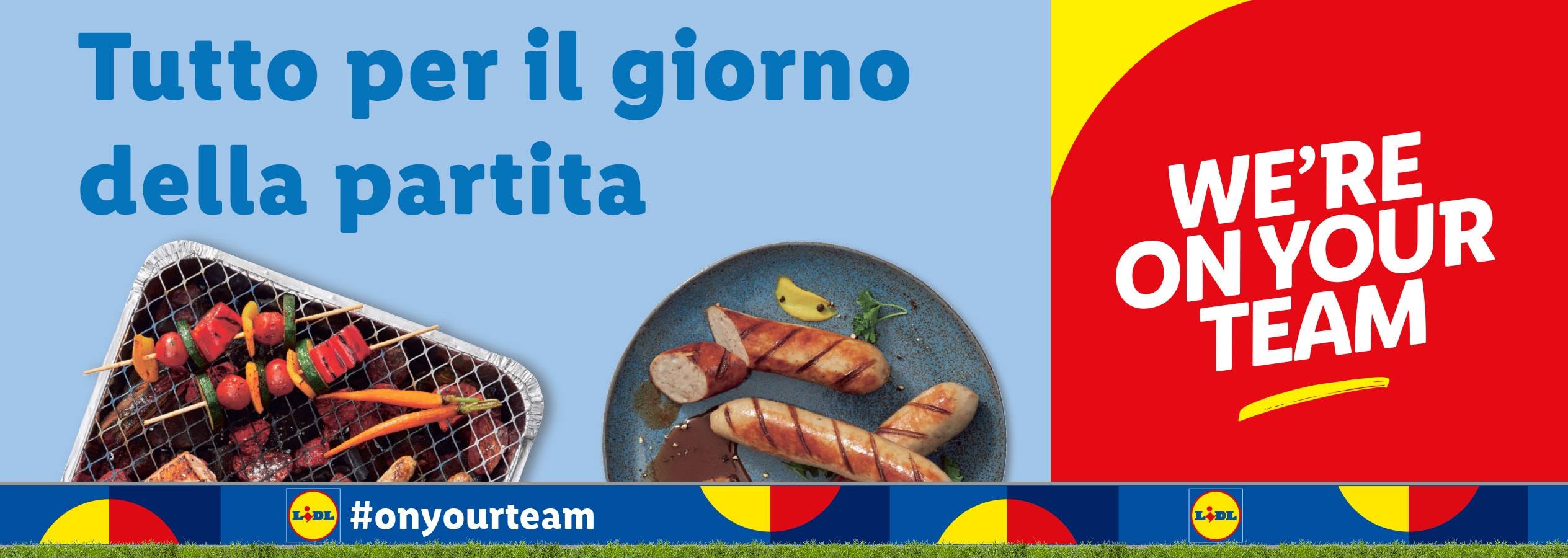 Lidl propone grigliate per il giorno della partita: salsicce e spiedini.