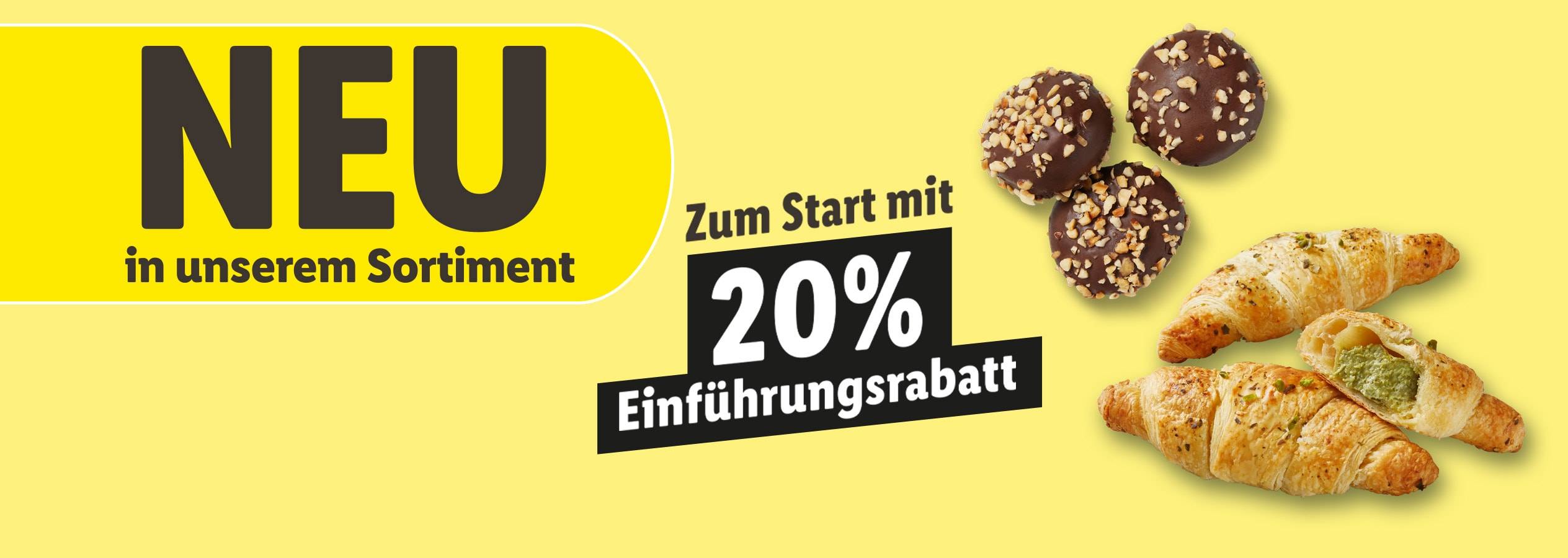 Werbebanner für neue Produkte mit Schokoladenpralinen und Croissants, inklusive Einführungsrabatt.