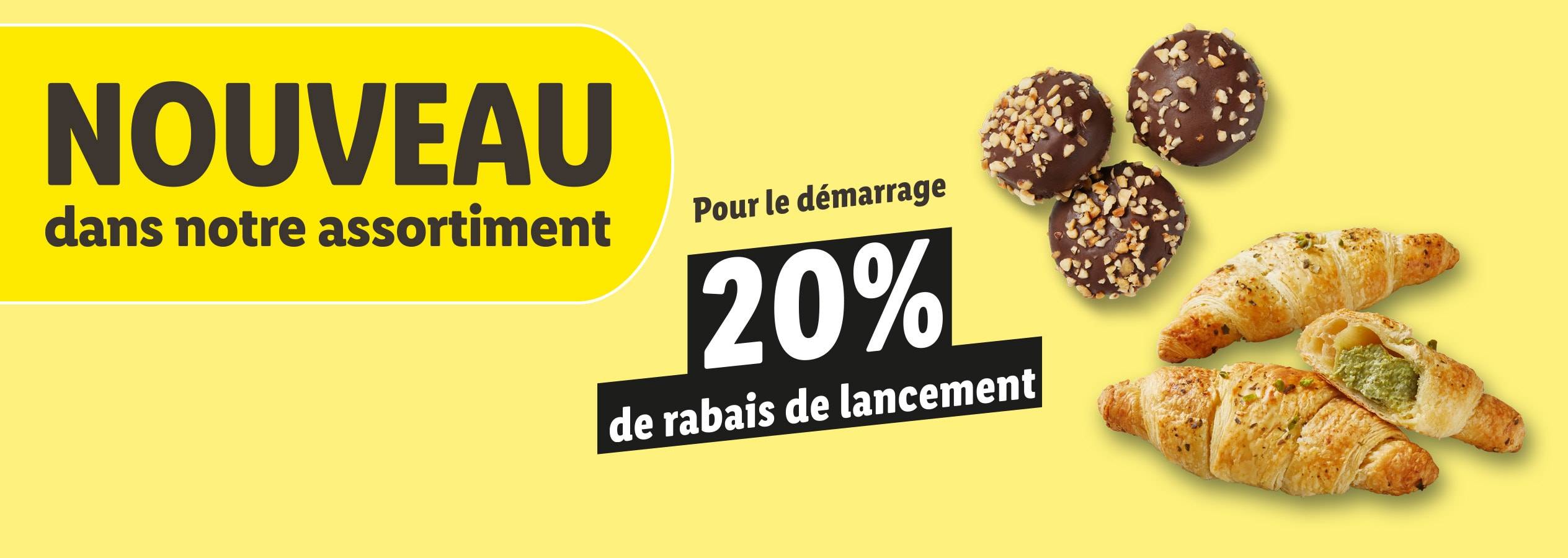 Bannière promotionnelle pour de nouvelles pralines au chocolat et croissants avec 20% de réduction.