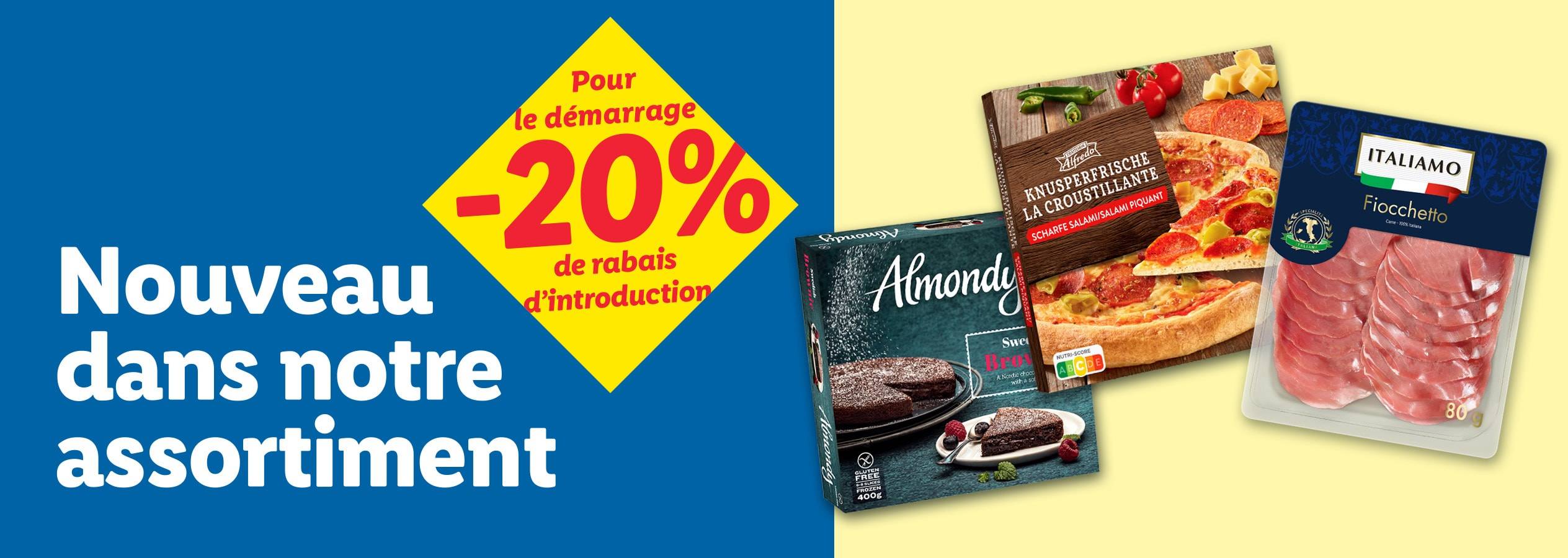 Publicité de nouveaux produits avec une réduction de 20%, incluant pizza, brownie et charcuterie.