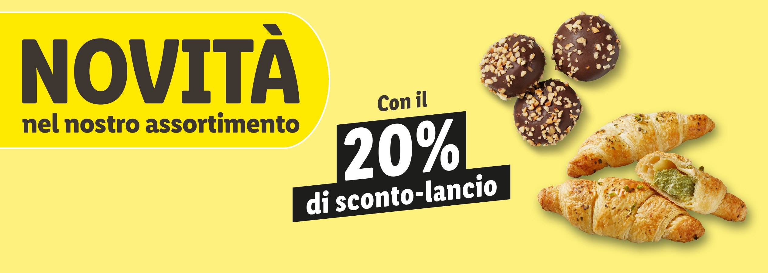 Banner promozionale per nuove praline al cioccolato e croissant con il 20% di sconto lancio.