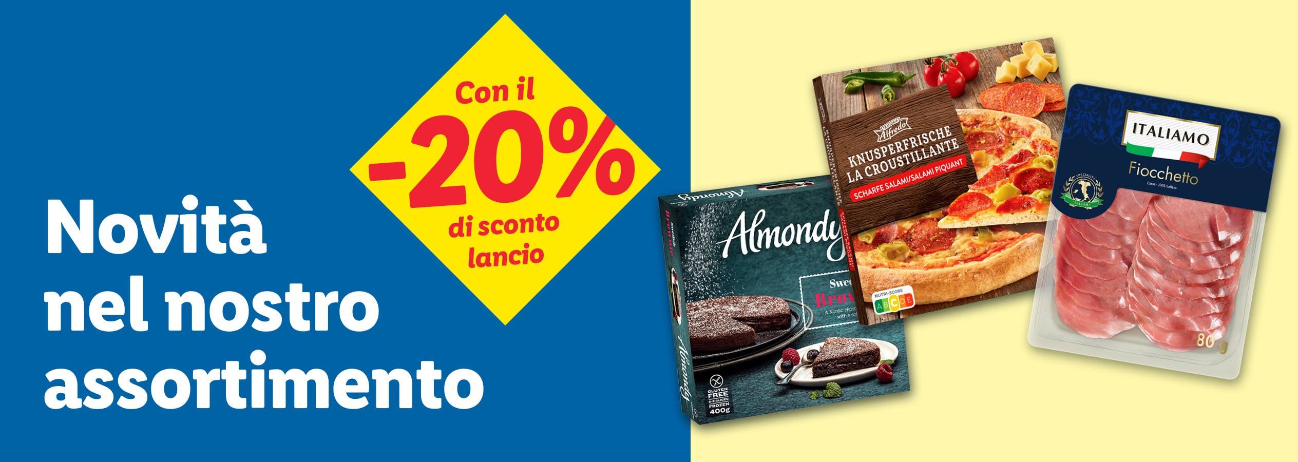 Un'immagine promozionale con il 20% di sconto su nuovi prodotti, tra cui una torta al cioccolato, una pizza e affettati.